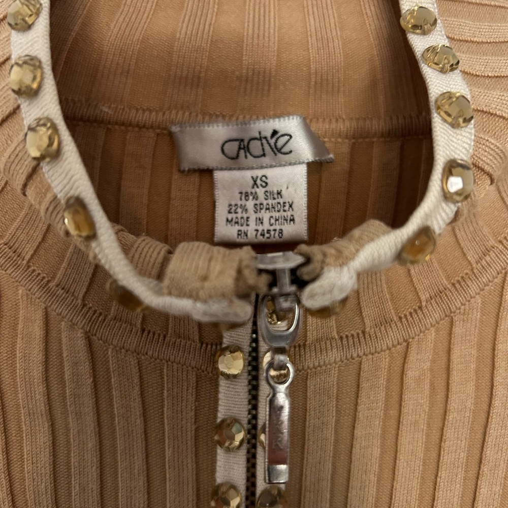 Cache Ribbed Zip-Front Top in Beige with Gold Accents